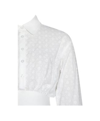 Women's Gabriella White Cotton Eyelet Button Up Long Sleeve Shirt Dress