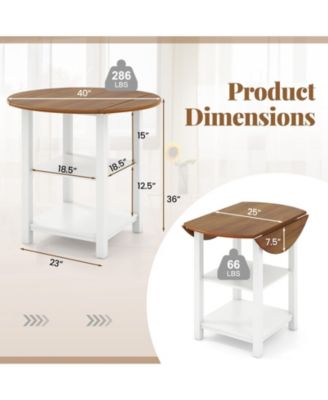 Folding Drop-Leaf Round Dining Table with 2 Shelves