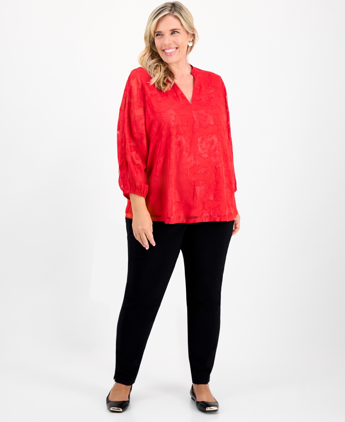 Jm Collection Plus Shine Jacquard Blouson-Sleeve Blouse, Macy's Exclusive