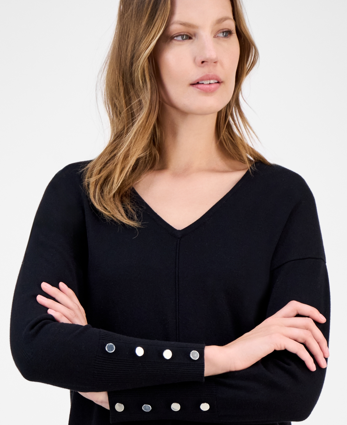 Ak Anne Klein Women's Button-Cuff V-Neck Top