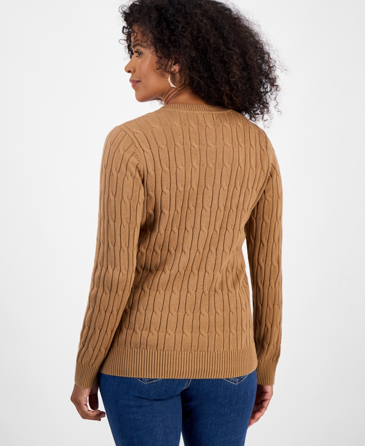 Style & Co Women's Cotton Cable-knit Crewneck Sweater, Created For Macy's In Brown