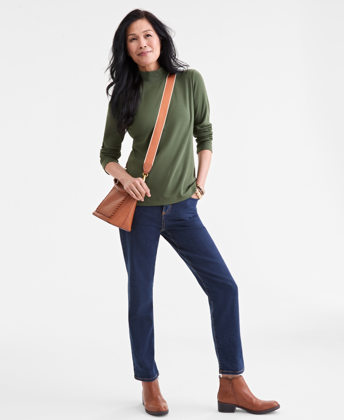 Style & Co Women's Cotton Mock-neck Long-sleeve Tee, Created For Macy's In Green