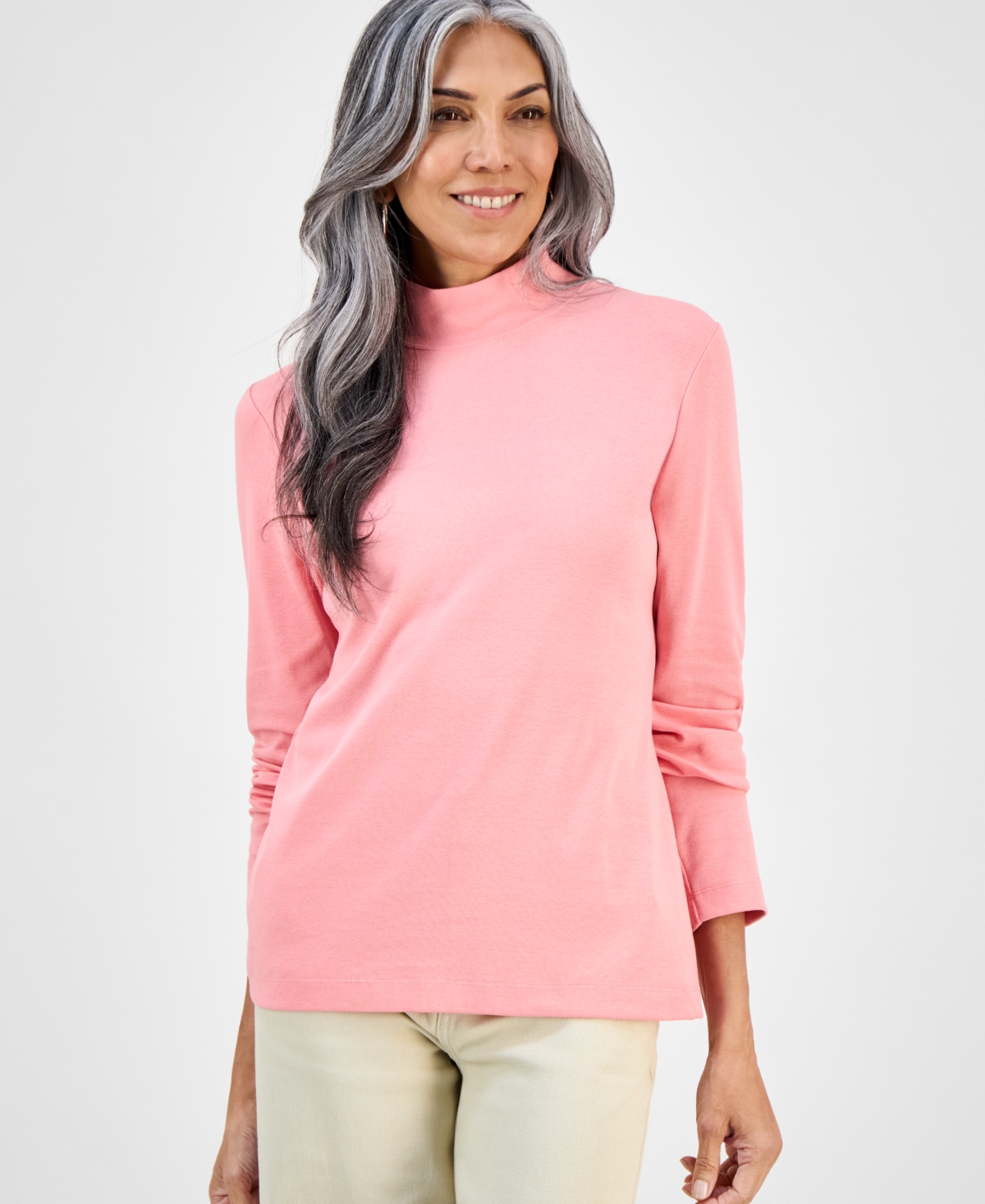 Style & Co Petite Mock-neck Cotton Long-sleeve T-shirt, Created For Macy's In Pink