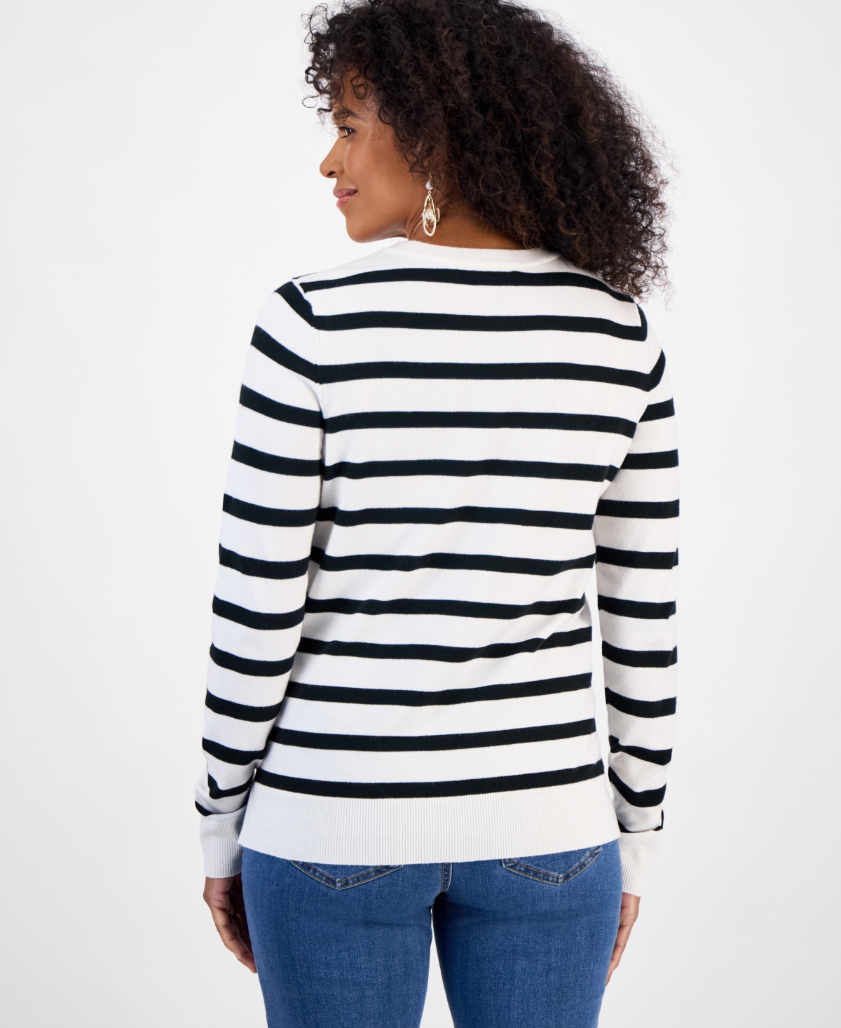 Style & Co Women's Striped Long-sleeve Crewneck Sweater, Macy's Exclusive In White