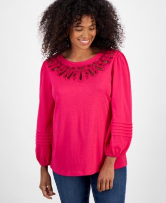 Style & Co - Women's Broderie Anglaise Long-Sleeve Blouse