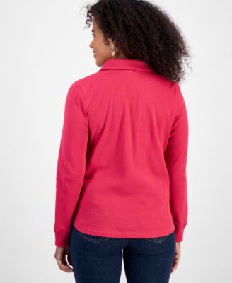 Women's Waffle-Knit Long-Sleeve Polo Top