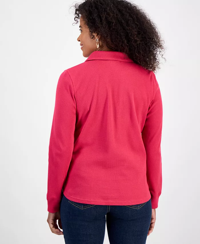 Women's Waffle-Knit Long-Sleeve Polo Top - thumbnail 2