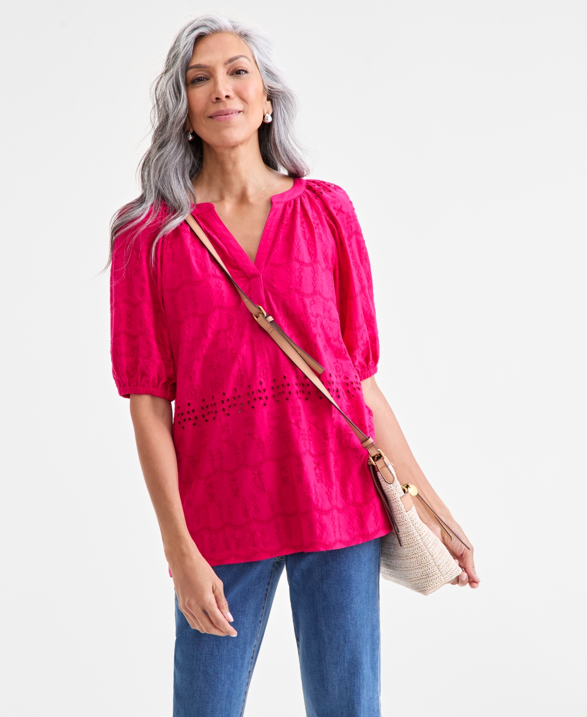 Style & Co Women's Eyelet Split-neck Blouse, Exclusively At Macy's In Pink