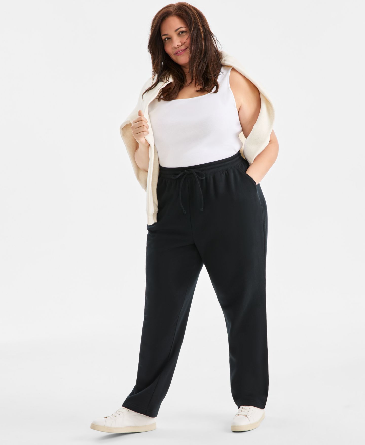Женские брюки Style & Co Plus Size Mid Rise Drawstring-Waist Fleece, цвет: Глубокий чёрный — фото 1