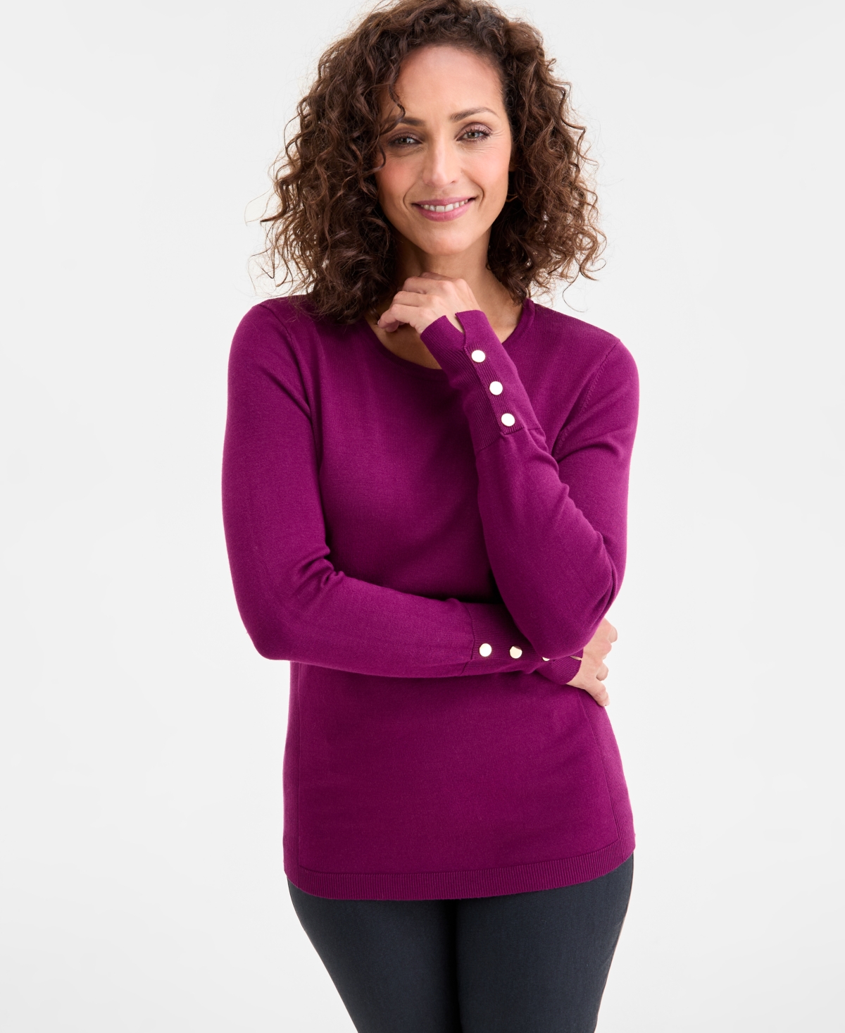 Jm Collection Women's Button-Sleeve Crewneck Sweater, Created for Macy's