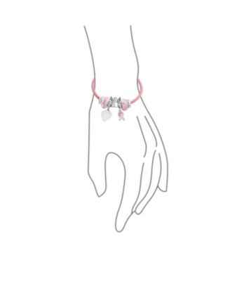 Support Breast Cancer Survivor Angel Pink Ribbon Multi Bead Charm Leather Bracelet .925 Sterling Silver