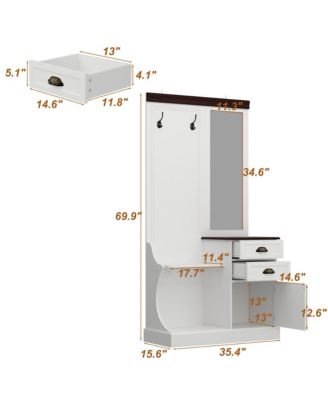 White multifunctional hall tree with mirror and hooks