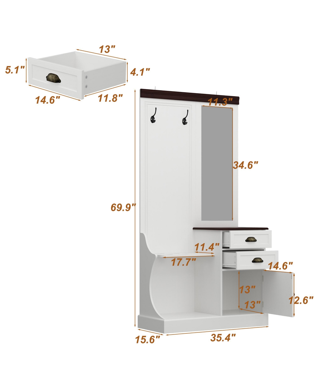 Homsee White multifunctional hall tree with mirror and hooks