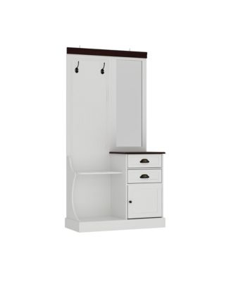 White multifunctional hall tree with mirror and hooks