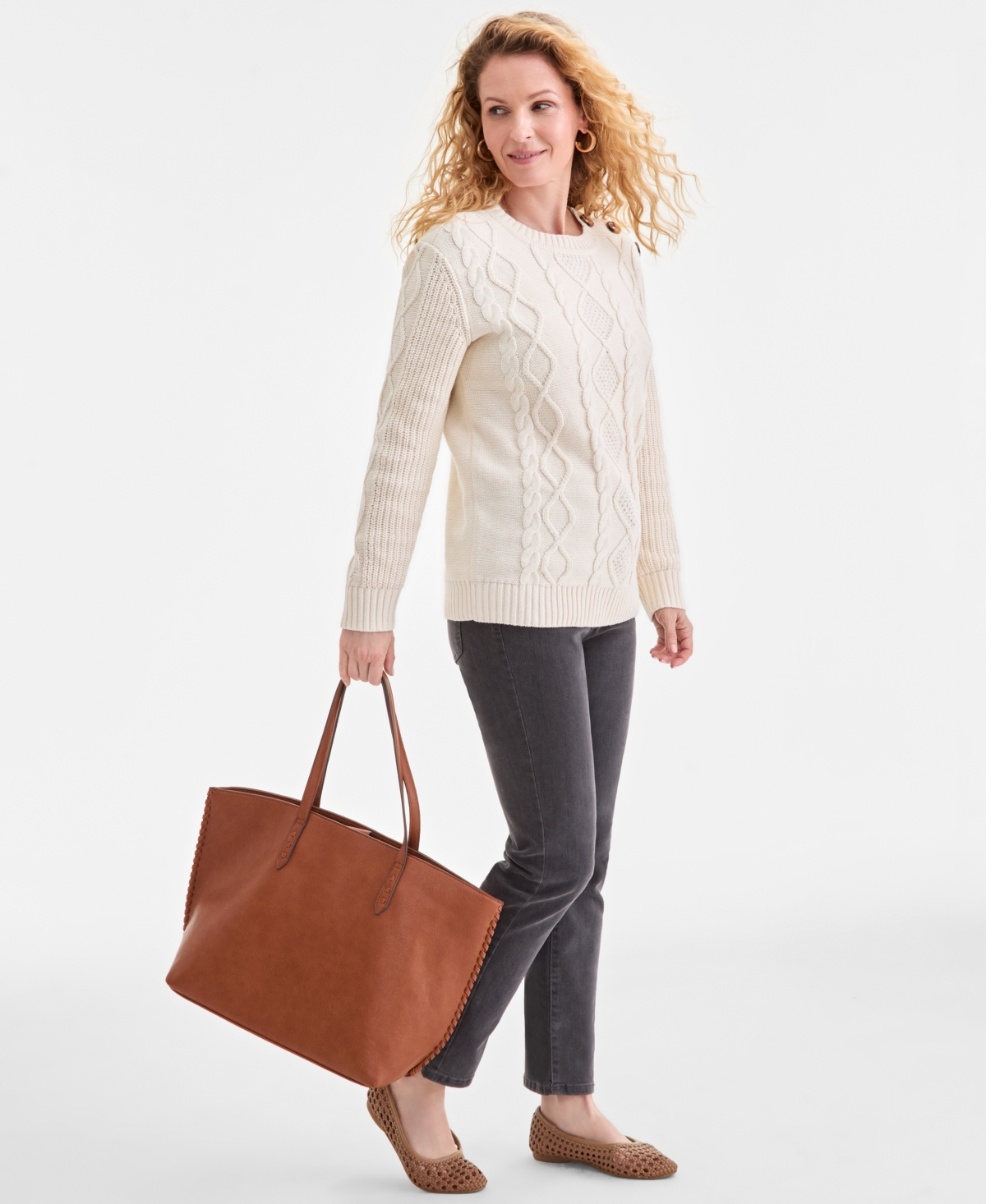 Style & Co Women's Button-trim Cable-knit Sweater, Macy's Exclusive In Brown