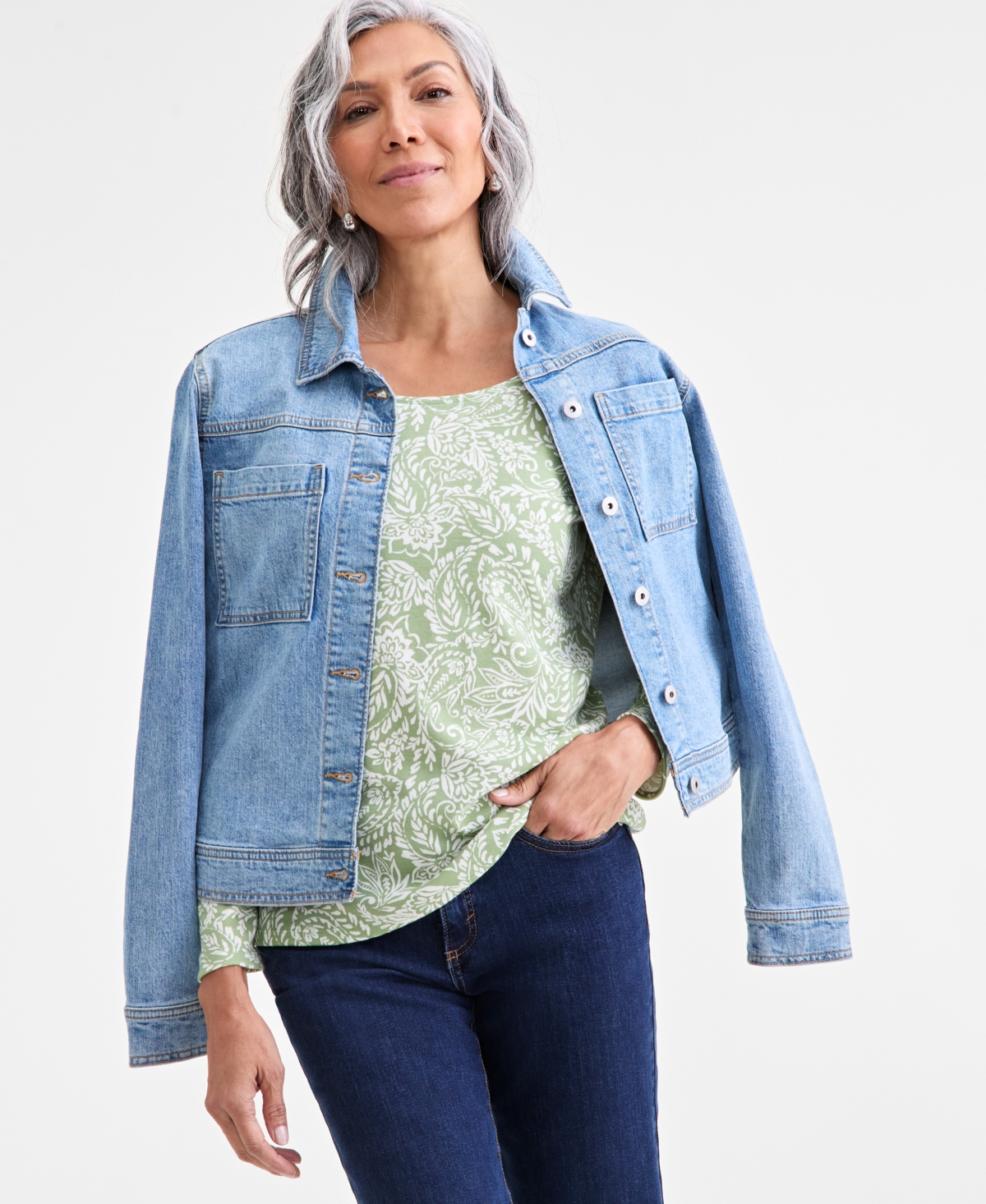 Style & Co Plus Size Printed Long-sleeve Top, Macy's Exclusive In Green