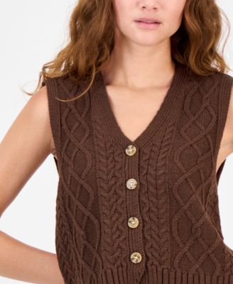Juniors' V-Neck Button-Front Chunky-Knit Vest 