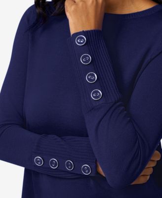 Women's Fine Gauge Boat-Neck Buttoned-Cuff Sweater