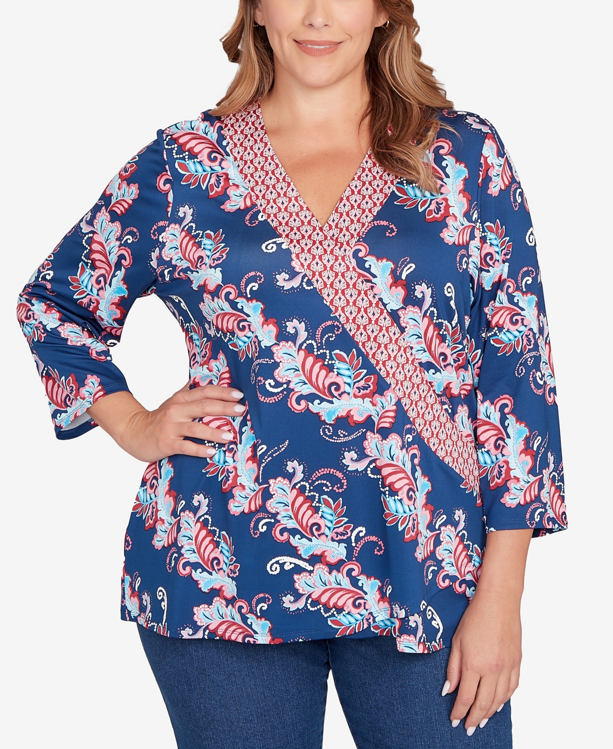 Plus Size Ikat Floral Puff Print Surplice Top - Indigo Multi