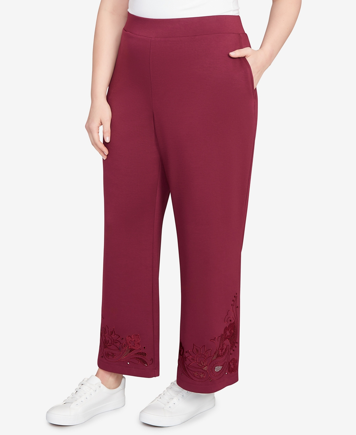 Ruby Rd. Plus Size Wide Leg Floral Cutout Pants In Pink