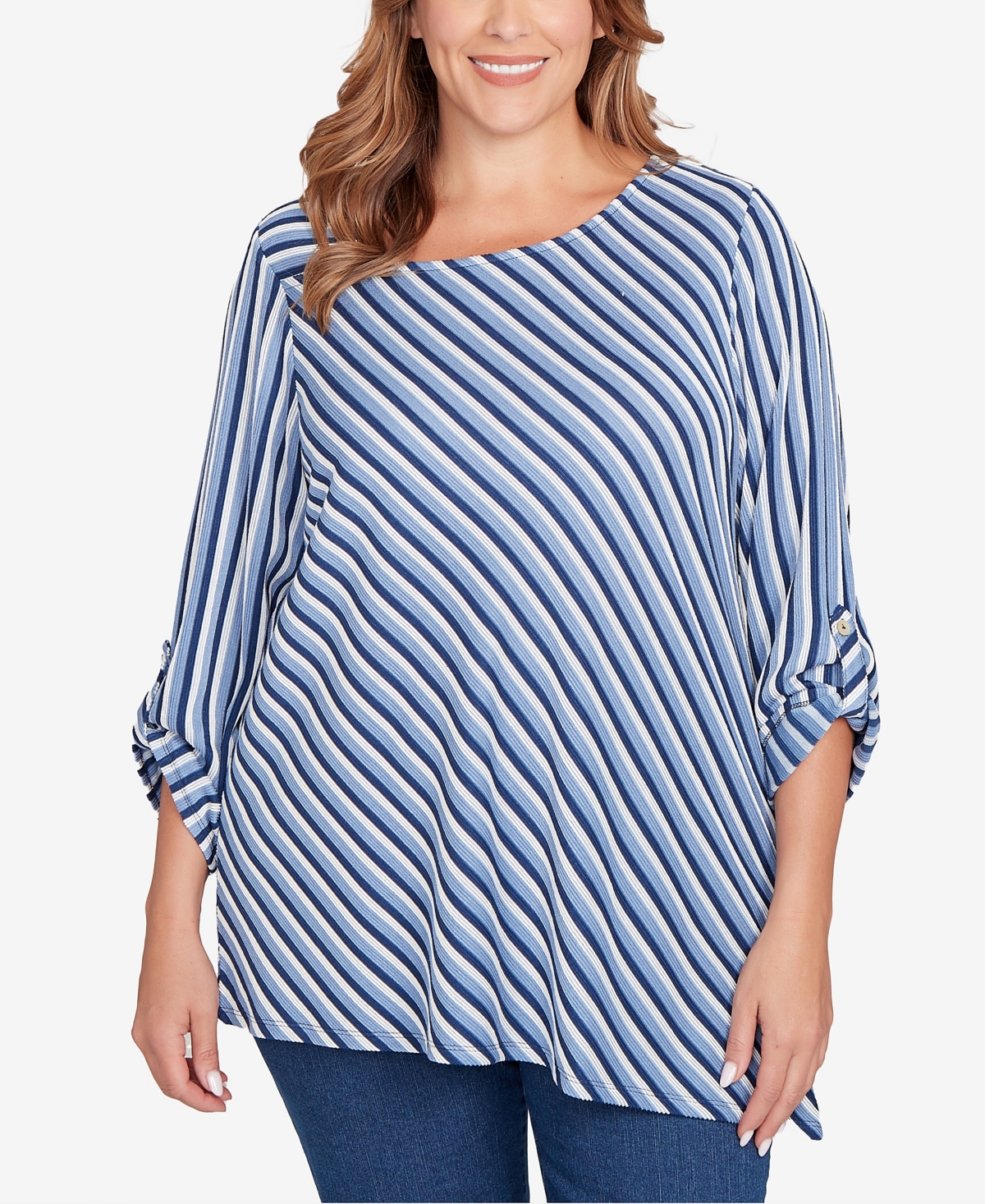 Plus Size Textured Stripe Roll Tab Sleeve Top - Deep Blue Multi