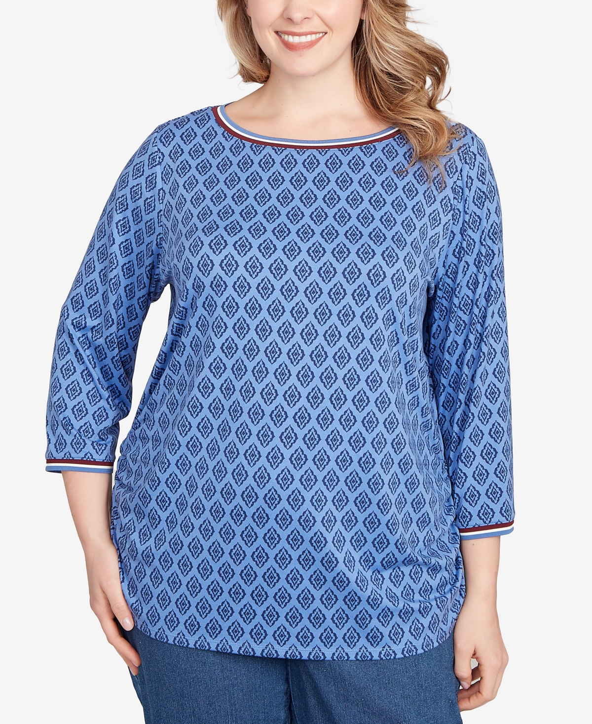 Plus Size Stripe Tipped Monotone Textured Top - Slate Blue