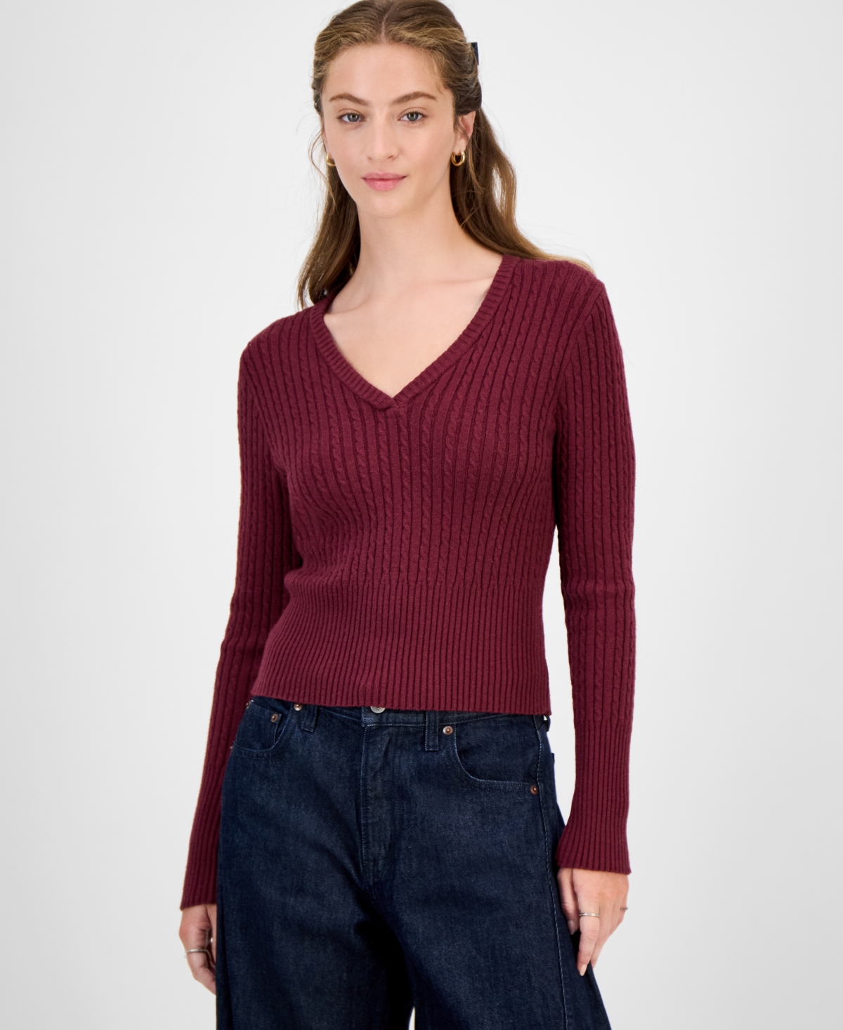 Hooked Up by Iot Juniors' Cable-Knit V-Neck Sweater