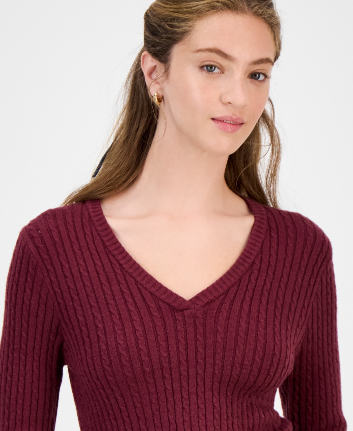 Hooked Up By Iot Juniors' Cable-knit V-neck Sweater In Burgundy