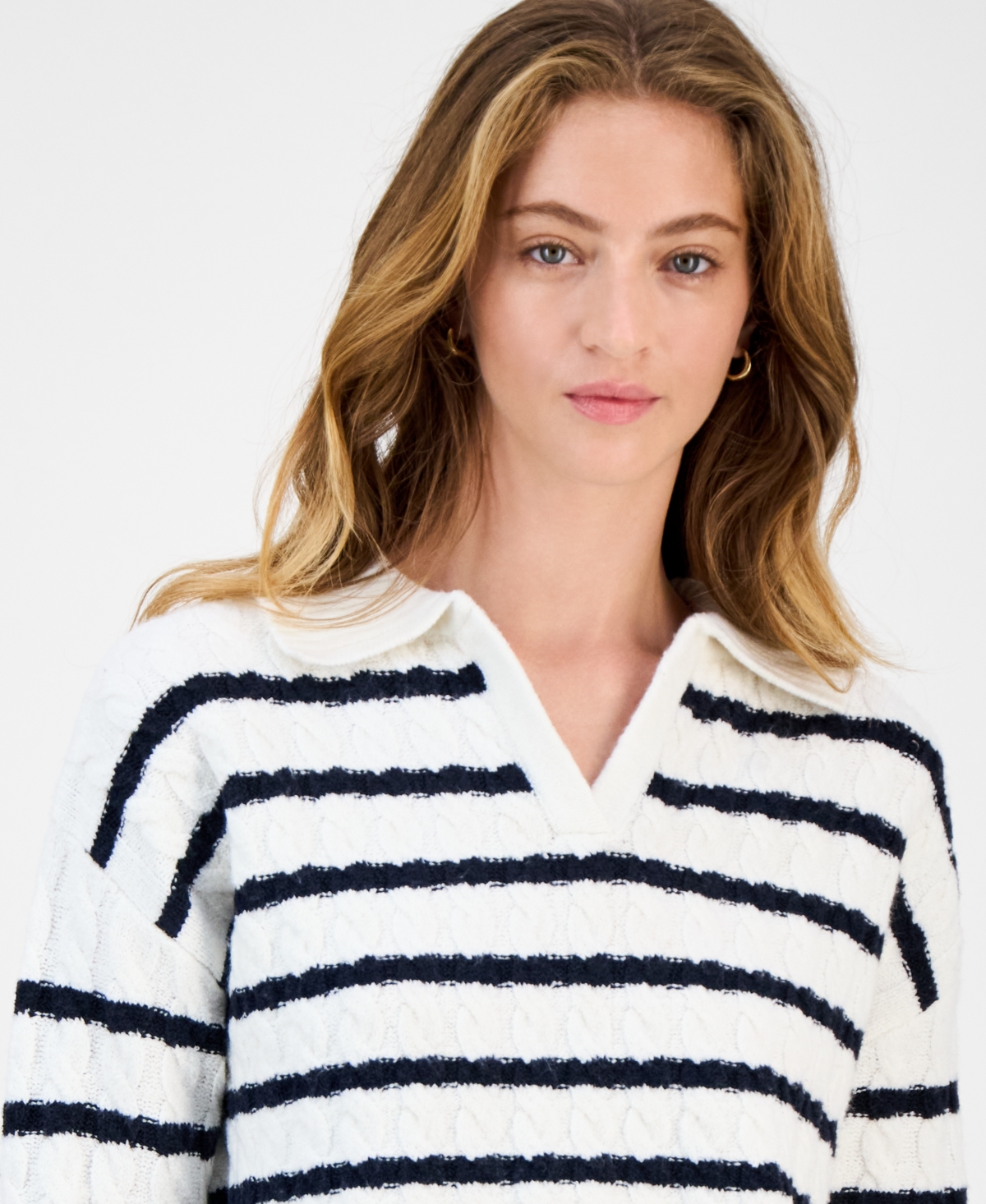 Hooked Up By Iot Juniors' Striped Cable-knit Collar Sweater In White