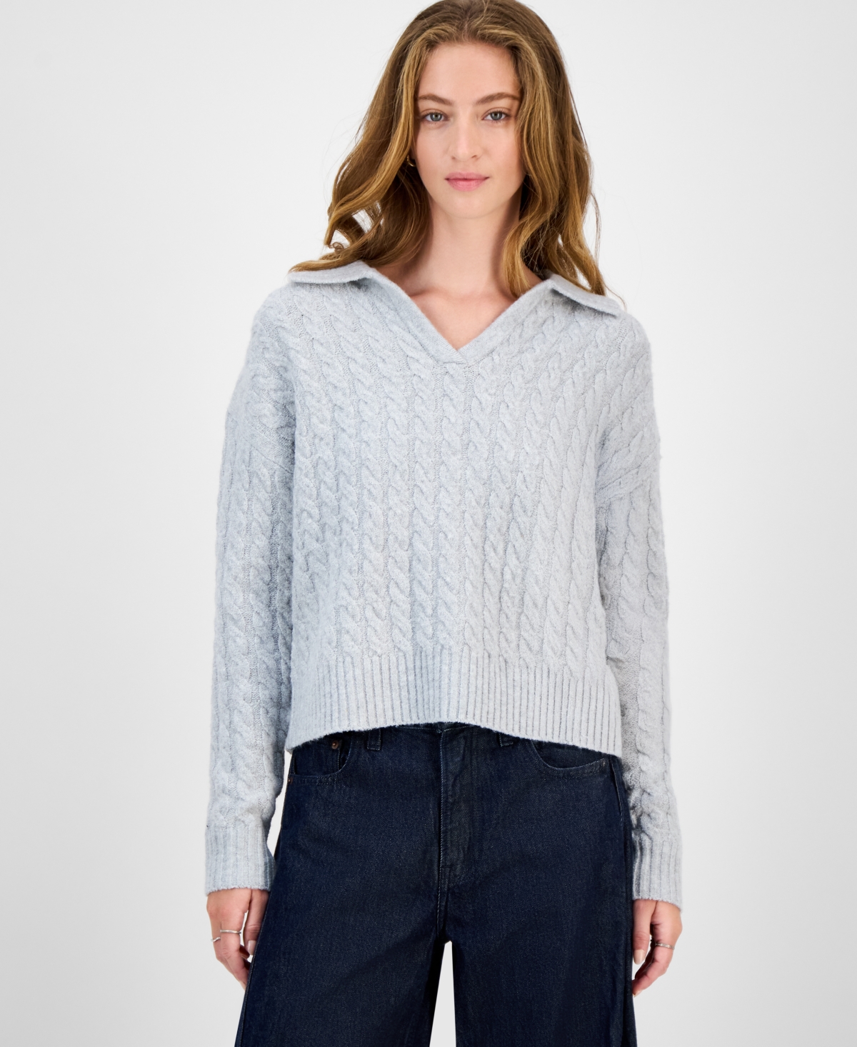 Hooked Up By Iot Juniors' Split-neck Cable-knit Sweater In Gray