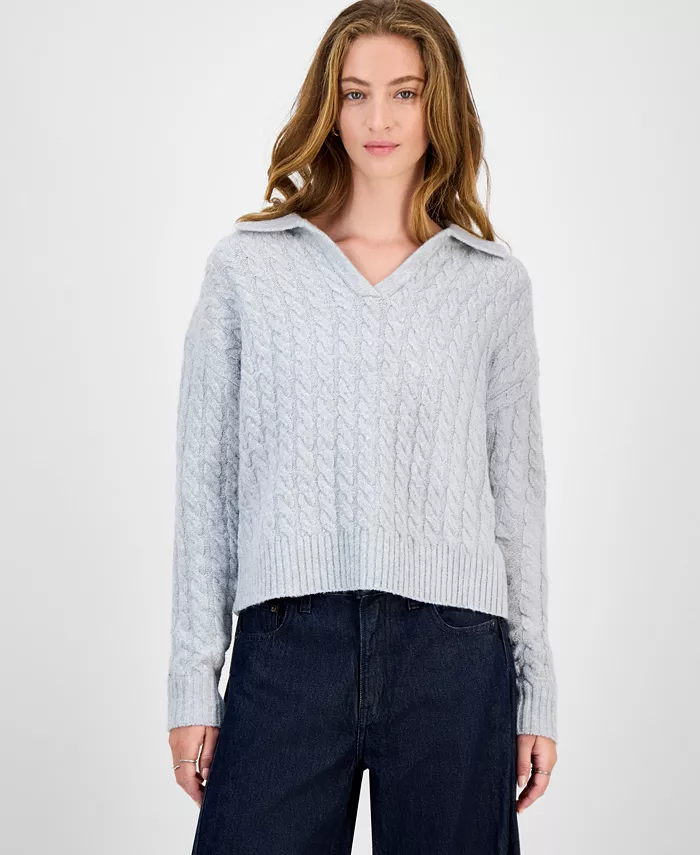 Juniors' Split-Neck Cable-Knit Sweater