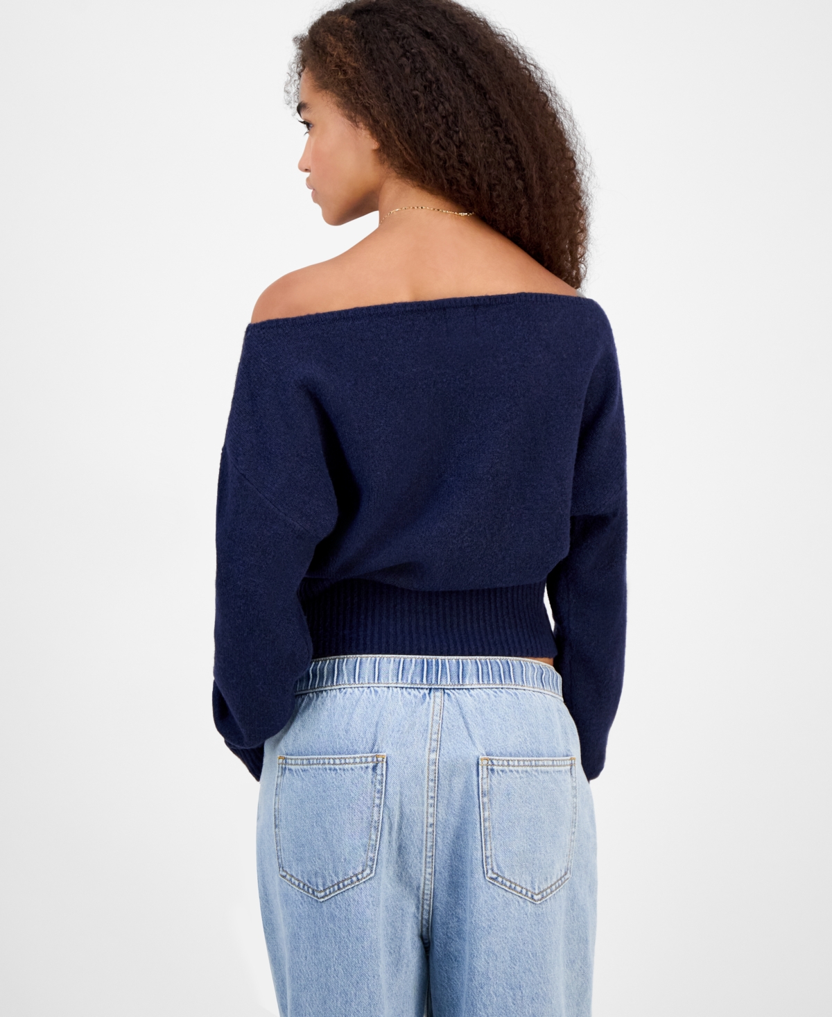 Hippie Rose Juniors' Off-the-shoulder Slouchy Sweater In Blue