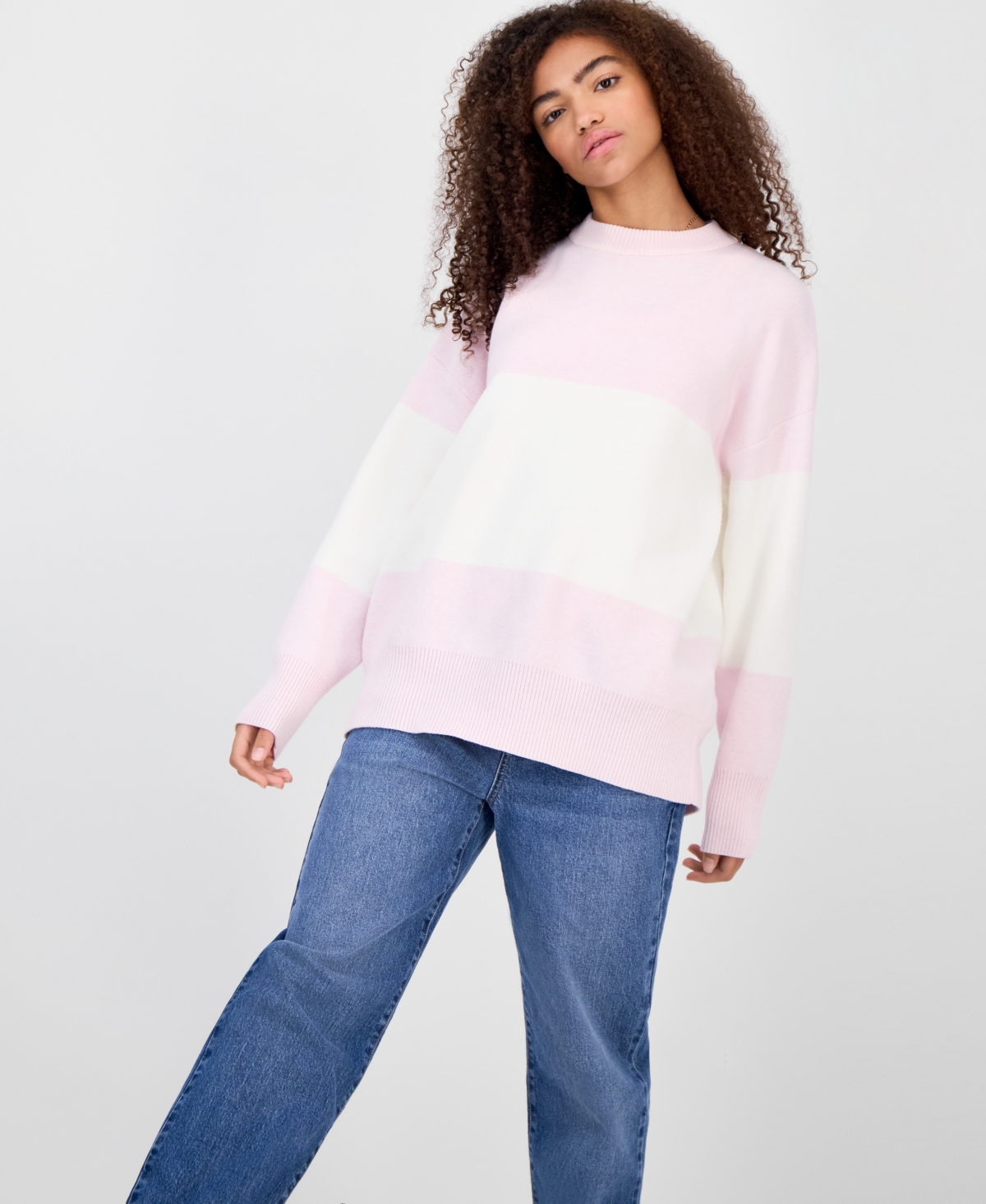Hippie Rose Juniors' Oversized Stripe Long-sleeve Sweater In Pink