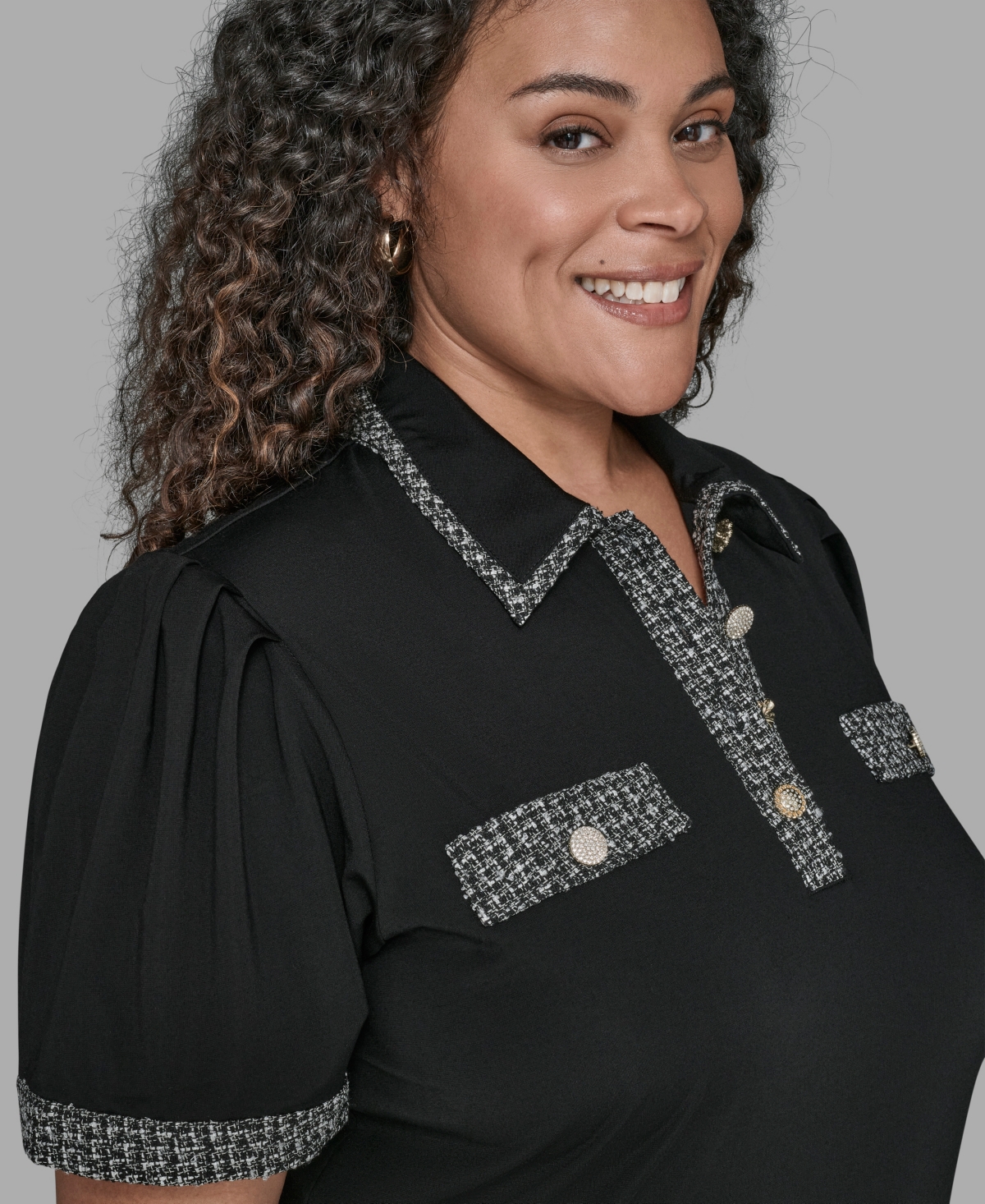 Karl Lagerfeld Karl Lagerfield Paris Plus Size Short Sleeves Tweed Trim Knit Top In Black