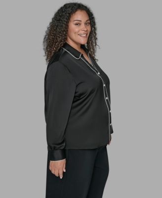 KARL LAGERFIELD PARIS Plus Size Contrast Placket Long Sleeves Blouse