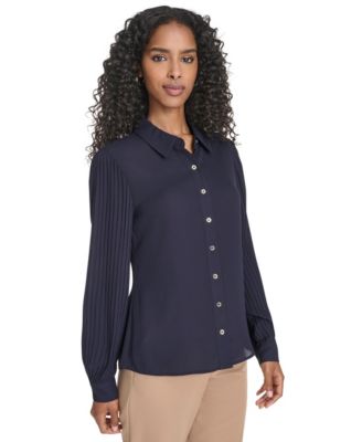 Women's Pleated Sleeve Button Up Blouse