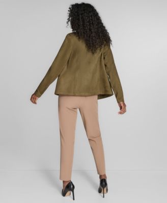 Tommy Hilfiger Womens Scuba Suede Long Sleeve Jacket Mixed Media Paisley Sweater Sloane Slim Leg Ankle Pants In Brown