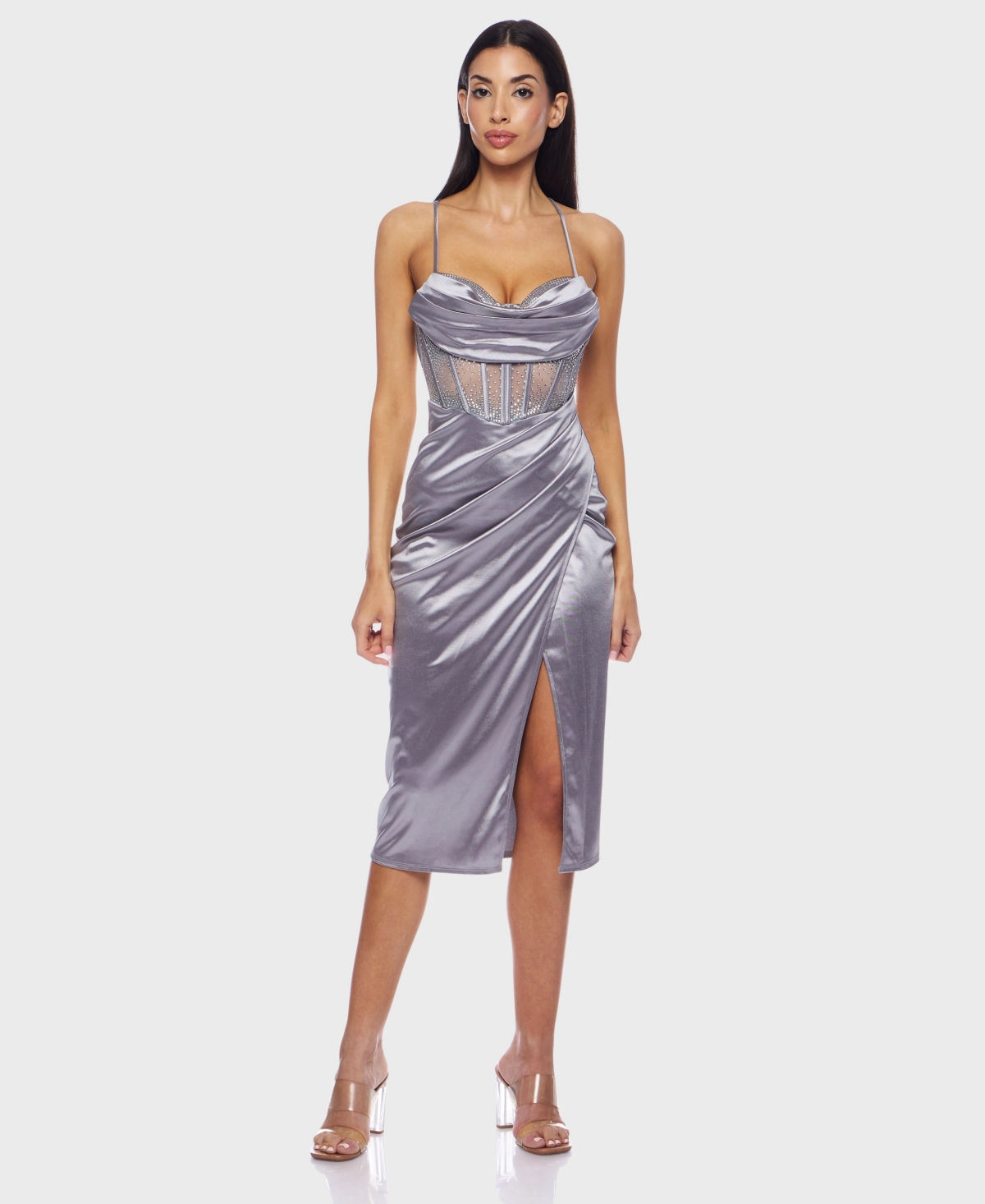 Juniors' Draped-Sweetheart-Neck Lace-Up Midi Dress - Snowshush/grey/cry