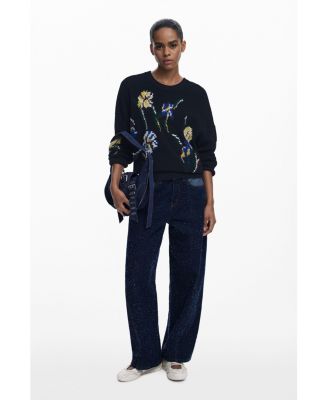 Women's Jacquard sweater with embroidered flowers