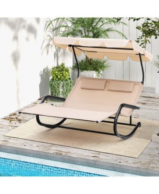 Outdoor 2-Person Double Rocking Chaise Lounge w/ Canopy & Wheels Metal Frame
