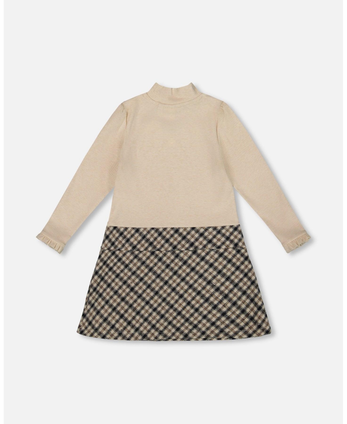Deux par Girl Long Sleeve Bi-Material Mock Neck Dress Beige and Plaid