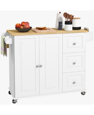 White Kitchen Helper: Rolling Island Cart with Drop Leaf & Storage
