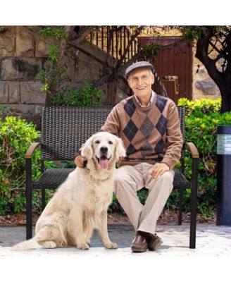 Set of 2 Patio Wicker Bench All Weather Rattan Chair Loveseat w/ Acacia Armrest