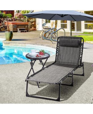 Reclining Chaise Lounge Chair, Portable Sun Lounger, Folding Camping Cot, with Adjustable Backrest and Removable Pillow, for Patio, Garden, Beach, Grey