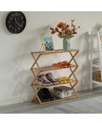 Bamboo Foldable Shoe Rack, Free Standing Shoe Organizer Storage Rack, 4 Tier