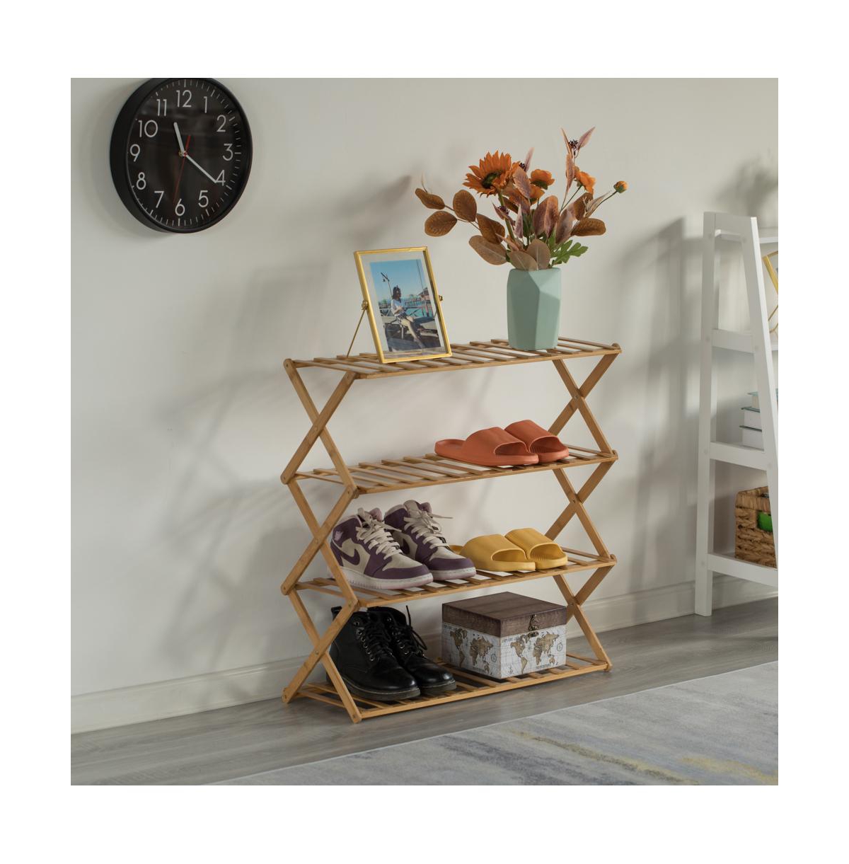 Basicwise Bamboo Foldable Shoe Rack, Free Standing Shoe Organizer Storage Rack