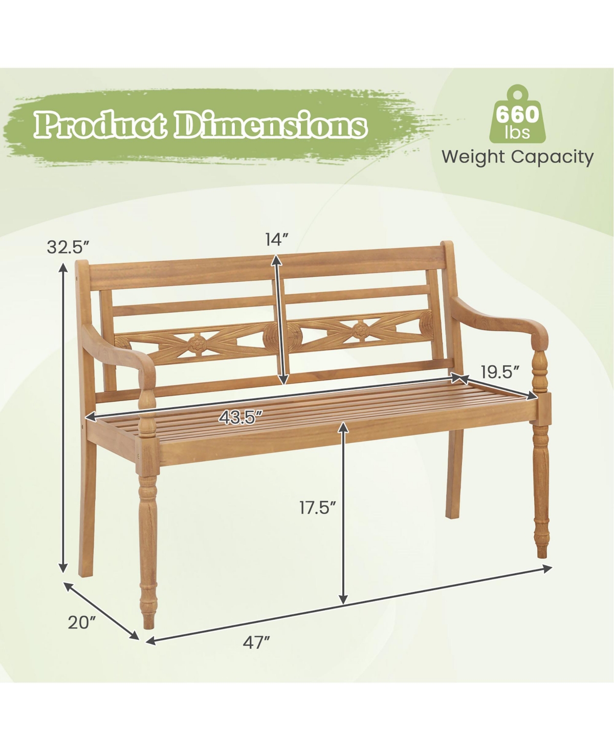 Gymax 2-Person Garden Bench w/ Wide Backrest & Curved Armrests for Backyard