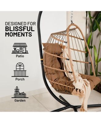 Foldable Egg Chair - Rattan Wicker Hanging Egg Swing Chair with Stand, Waterproof Seat Cushion,, and Headrest for Patio, Bedroom, Porch, and Garden (Brown)
