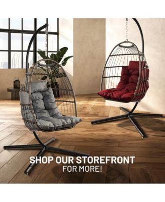 Foldable Egg Chair - Rattan Wicker Hanging Egg Swing Chair with Stand, Waterproof Seat Cushion,, and Headrest for Patio, Bedroom, Porch, and Garden (Red)