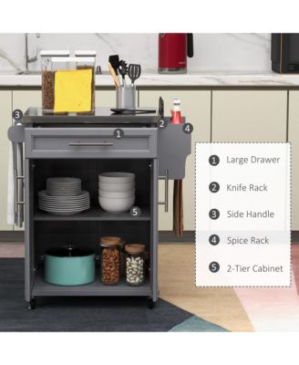 Gray Kitchen Island Cart: Drawer, Stainless Top, Utility Storage